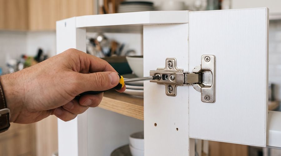 Mão ajustando com chave de fenda a dobradiça da porta de um armário branco