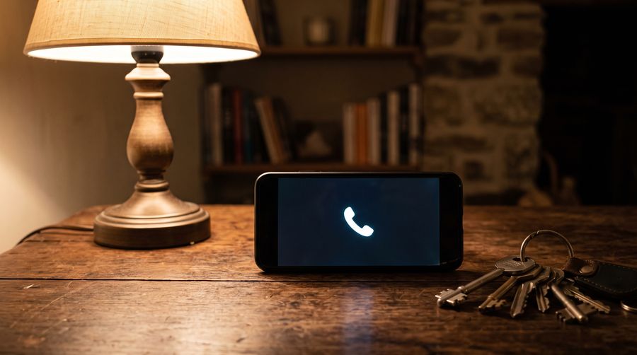 Celular sobre a mesa com ícone de telefone na tela, ao lado de chaves e de um abajur