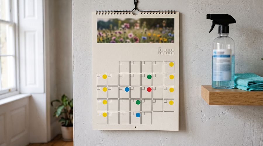 Calendário de parede com dias marcados ao lado de uma prateleira com borrifador