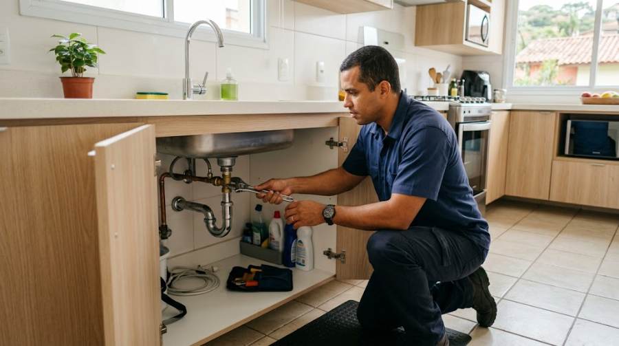 Profissional de manutenção fazendo um reparo sob a pia da cozinha de um apartamento