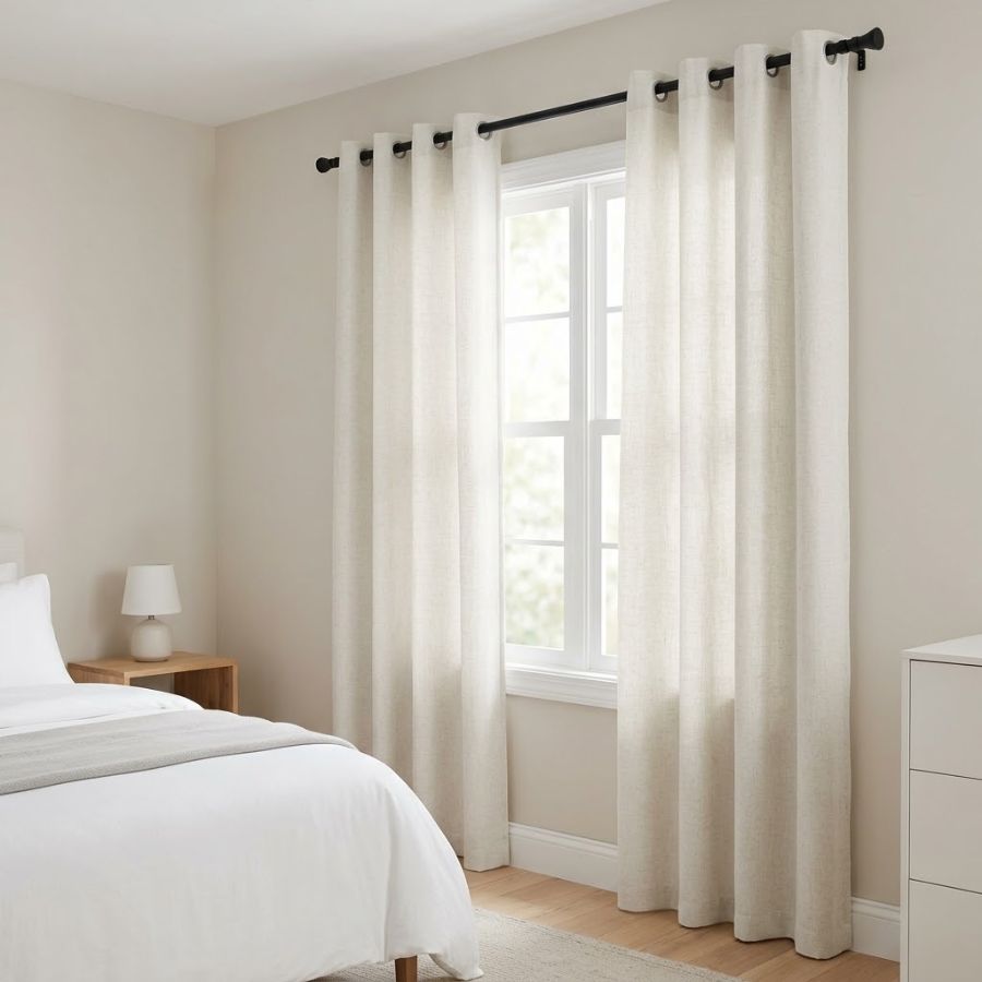 Cortina de tecido claro instalada em varão preto, em quarto com parede bege