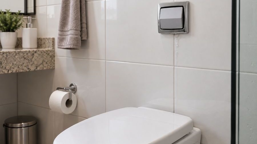 Válvula de descarga cromada instalada na parede acima do vaso sanitário, com água escorrendo pela borda e descendo pelo azulejo, sinal de que o reparo interno precisa de manutenção