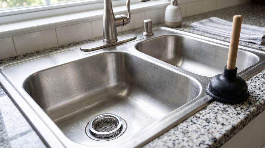 Pia de inox com peneira no ralo e desentupidor de borracha ao lado