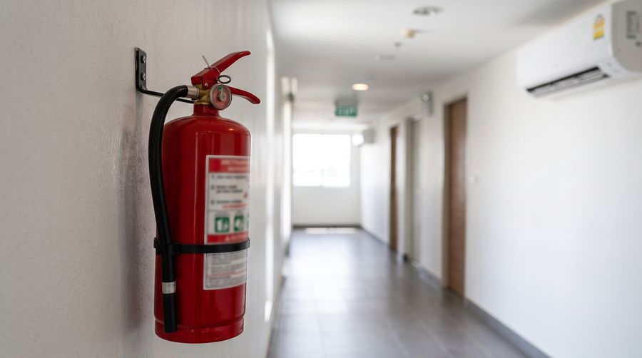 Extintor de incêndio fixado na parede de um corredor, com ar-condicionado ao fundo