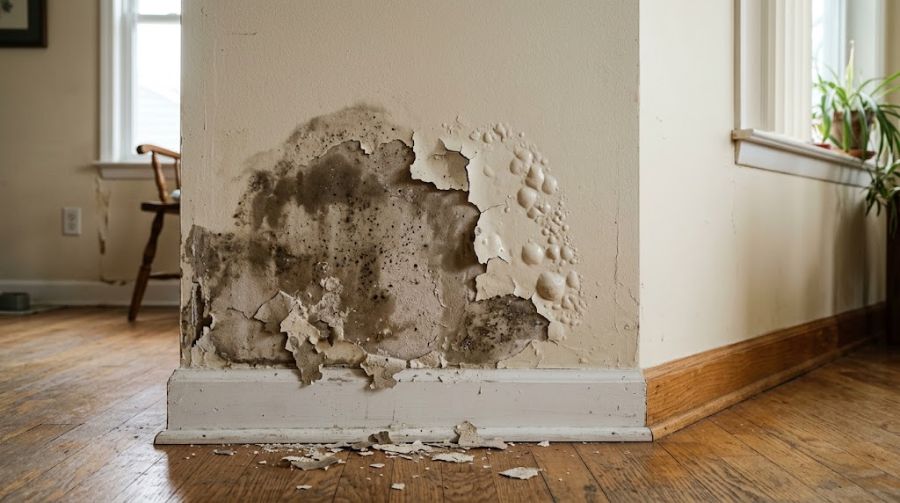 Parede interna com mancha escura de umidade e tinta descascando perto do rodapé