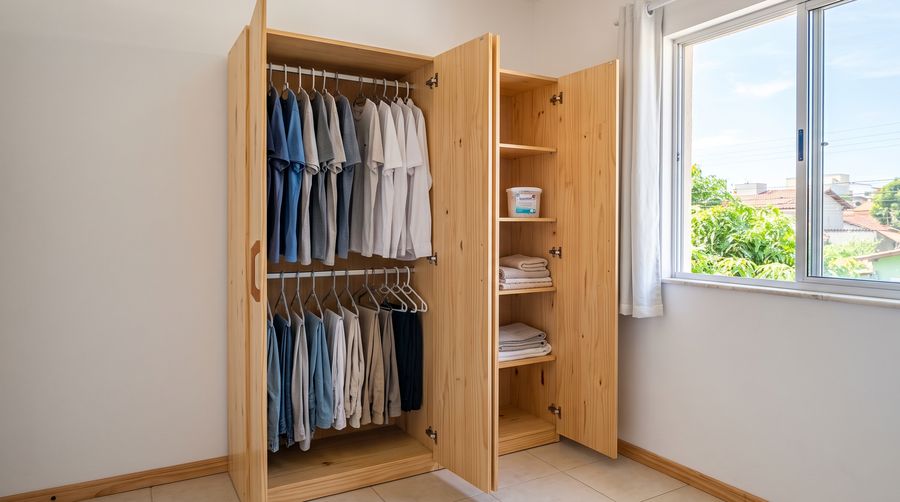 Guarda-roupa aberto e arejado ao lado de uma janela aberta