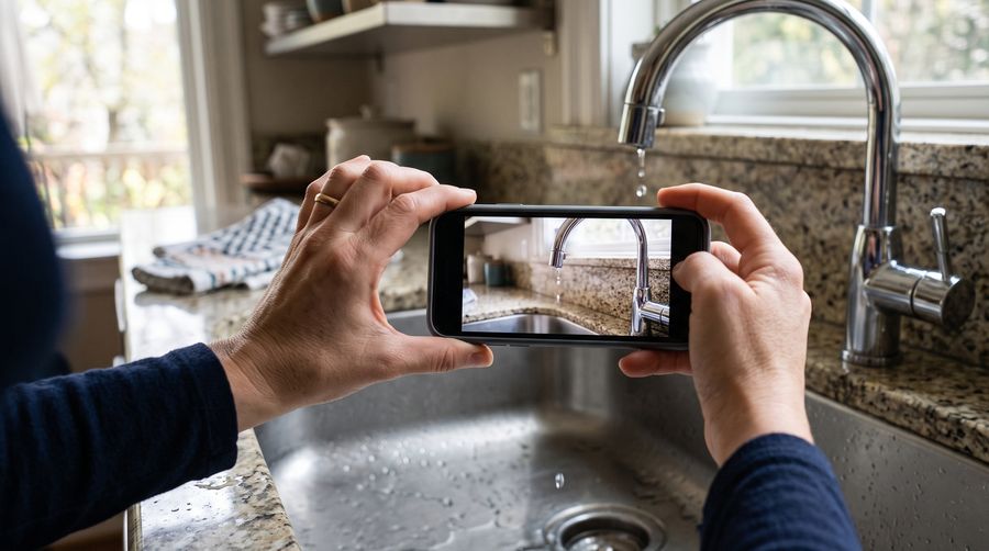 Mãos fotografando com o celular uma torneira de cozinha pingando