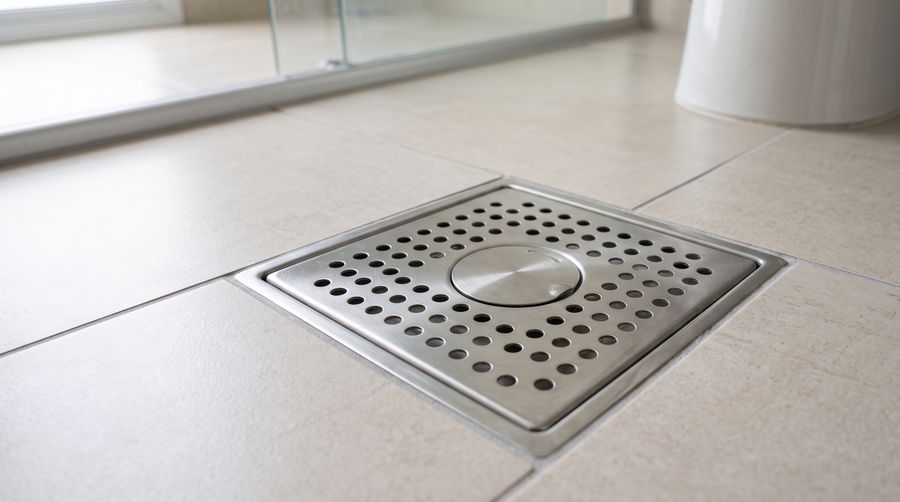 Ralo quadrado de inox com tampa abre e fecha, em piso de porcelanato claro