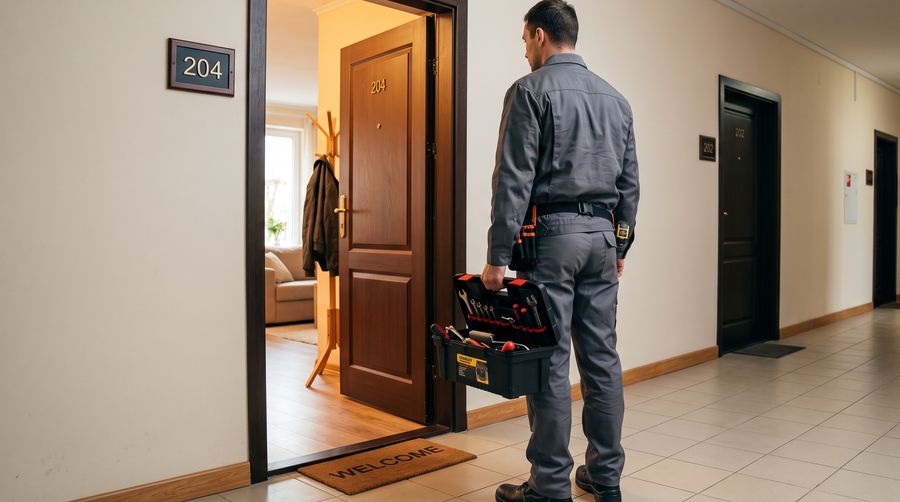 Profissional de manutenção com caixa de ferramentas na porta de um apartamento