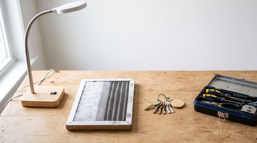 Mesa com luminária, filtro de ar-condicionado, chaves e caixa de ferramentas aberta