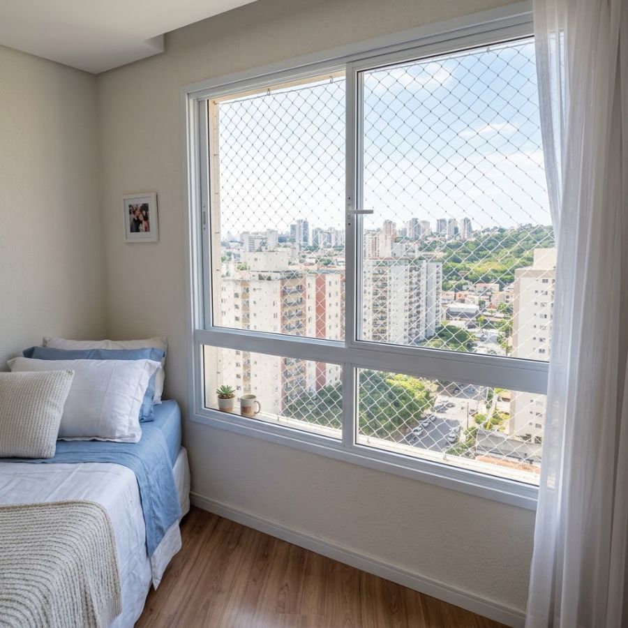 Janela de quarto com rede de proteção instalada