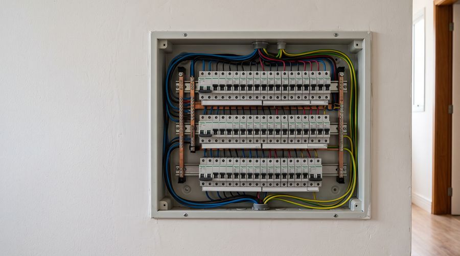 Quadro de disjuntores residencial aberto em parede branca