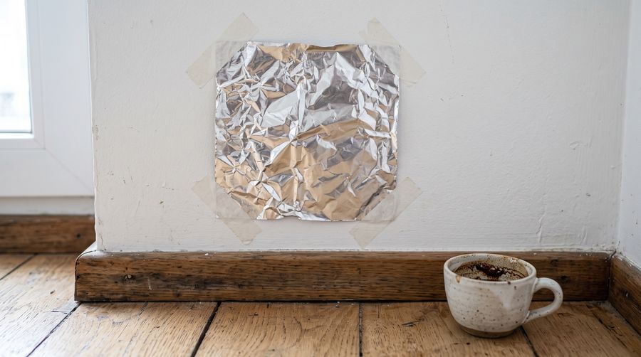 Papel-alumínio colado na parede perto do rodapé e xícara com borra de café no piso